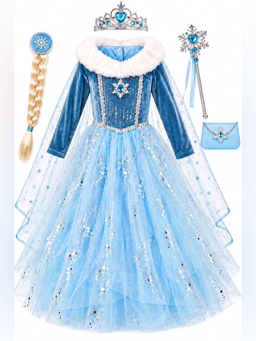 New - Blue Sparkle Princess Kids Costume Dress with Faux Fur Collar | Size 7/8